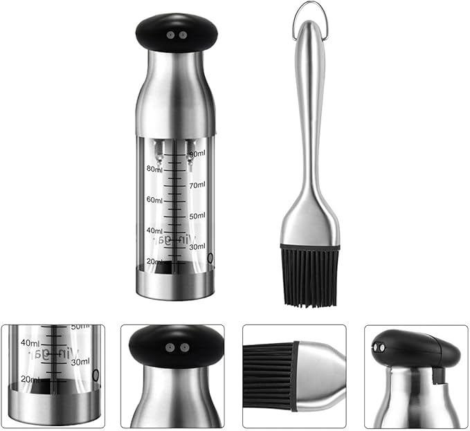 Stainless Steel Dual-head Oil and Vinegar Sprayer Set, 2pcs Portable Kitchen Oil Dispenser with Brush, Mist Spray and Press Bottle for Cooking and Salad Use