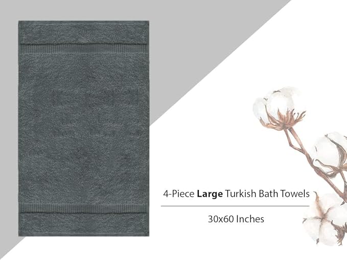 Towel Bazaar Premium Cotton Super Soft and Absorbent Turkish Towels (4-Piece Extra Large Bath Towels, Dark Gray)