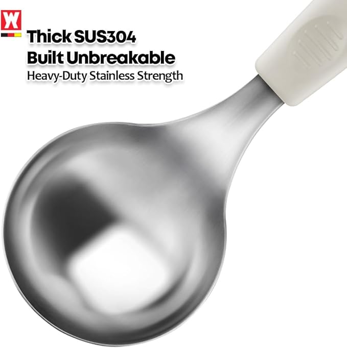 Short Stainless Steel Ladle 220mm (8.6”) – SUS304 Thick Deep Bowl Head with Soft-Grip Silicone Handle – Lightweight Mini Soup & Serving Spoon for Cooking – 5 Color Options (Ivory)