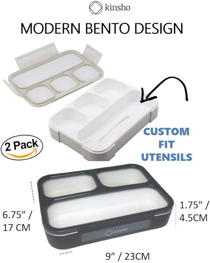 kinsho Bento-Box Lunch-Box Kids & Adults, Meal, Lunch Snack Containers For Boys & Girls, School Work Travel, 4 Divided Compartments, Japanese Style, Bpa Free, Utentils Included (Grey + Black, 2 Pack)