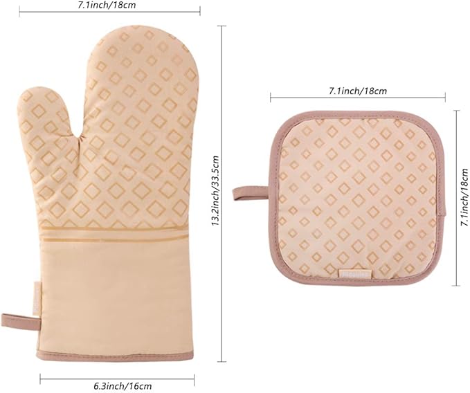 Set of 4 Oven Mitts and Pot Holders, 482 F Heat Resistant Hot Plate Moving Non-Slip Gloves for BBQ, Grill, Baking, Cooking, Oven, Microwave (Beige)