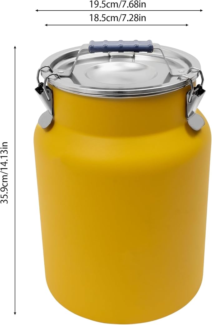 12L Stainless Steel Milk Jug with Sealed Lid and Thick Handle, 7.28in Milk Bucket, Rice Cereal Grain Storage Container for Storing Oil, Ghee, Wine, Tea, Grain, Nut, Snack, Pet Food (Yellow)