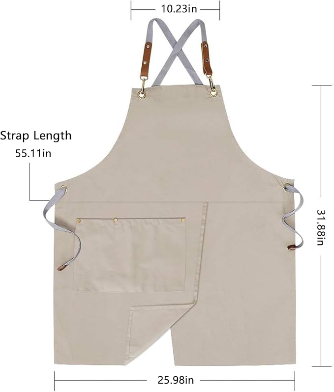 KITCHIEF Pottery Apron Split Leg,Cross Back Chef Apron with Pockets,Painting Apron with Adjustable Straps for Cooking,Baking,BBQ,Ceramic,Gardening(Khaki)