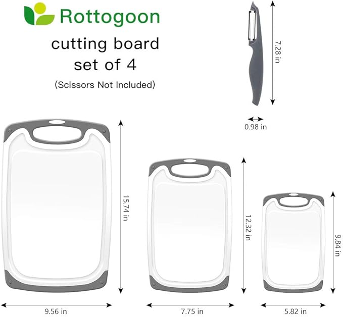 Cutting Boards for Kitchen, Plastic Chopping Board Set of 4 with Non-Slip Feet and Deep Drip Juice Groove, Easy Grip Handle, Dishwasher Safe, gray