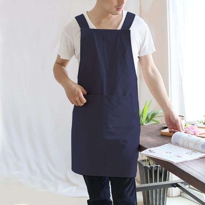 NEWGEM Japanese Cotton Linen Cross Back Cooking Apron for Women Men with Pockets Cute for Baking Kitchen