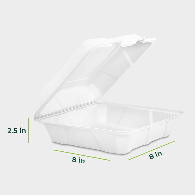 Freshware Compostable Clamshell Food Containers - 8x8" 50-Pack, Biodegradable Sugarcane To Go Boxes, Heavy Duty Paper Container - Microwave & Freezer Safe, Stackable