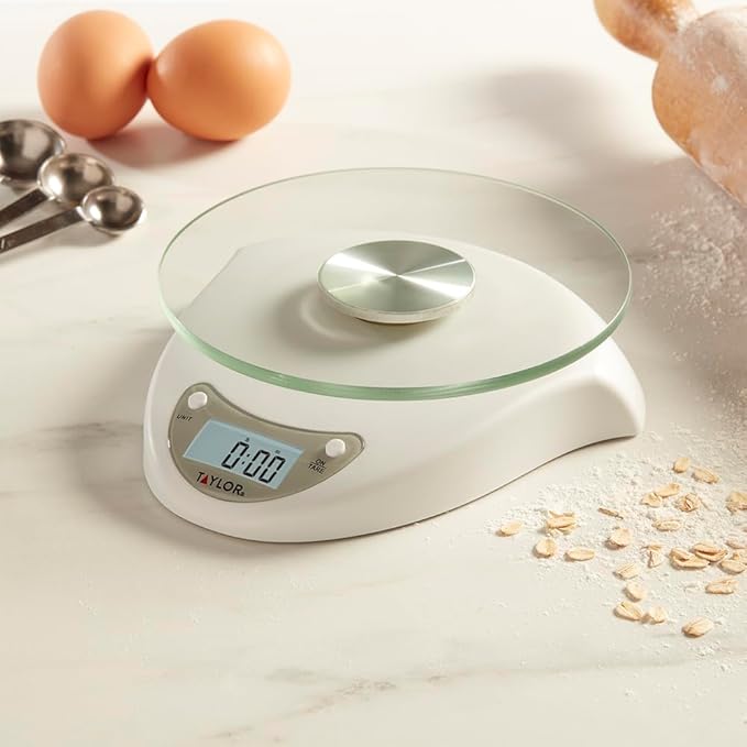 Taylor Digital Kitchen Scale with Glass Platform, Tare Button, and Plastic Body Weighs up to 11 Pounds Capacity, White