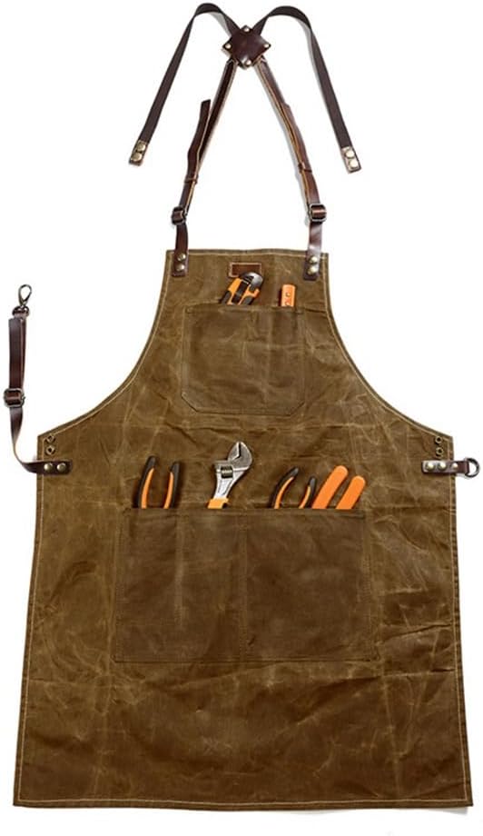 Midkit Utility Apron Adjustable Cross-Back Straps Multi-Use Portable 8oz Waxed Canvas Aprons With 5 Tool Pockets Fits M- 3XL