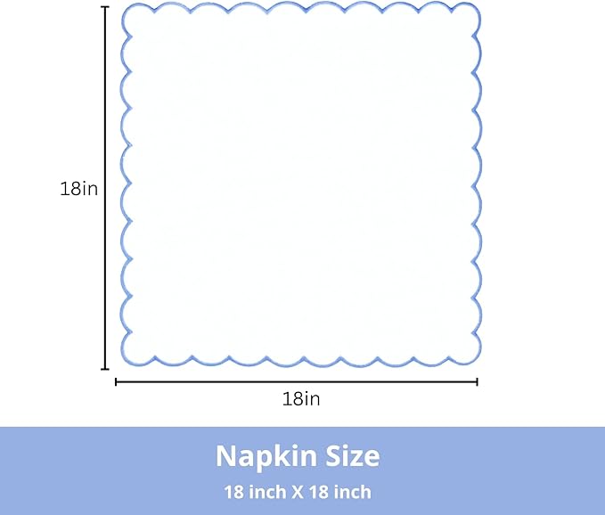 PurpleEssences Scalloped Embroidery Cloth Napkins - Spring Easter Summer - Table Decor - 100% Cotton - Set of 4-18x18 inch - White - Edges - Light Blue