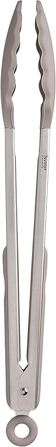 Tovolo Stainless Steel Tongs with Silicone Tip Set 9" 12" with Easy Lock Mechanism for Grilling Air Fryer Cooking Serving Salad, Heat Resistant Silicone Tipped Kitchen Tongs Warm Gray Charcoal Gray