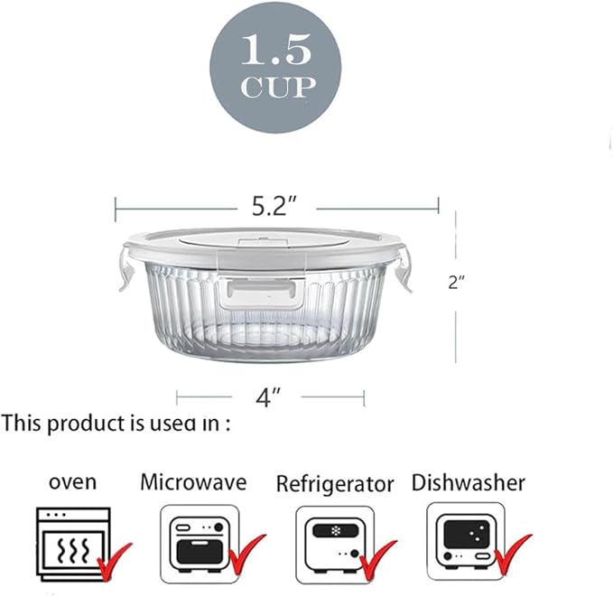 H.JSS WDJS 1.5 cup Round Glass Food Storage Containers with Lids, 12oz Small Glass Meal Prep Containers set, Heat-Resistant BPA-Free Round food bowl for Leftover. Microwave, Dishwasher & Freezer Safe