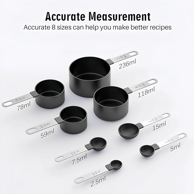 Measuring Cups and Spoons Set, 8-Piece Stackable Kitchen Measuring Set for Cooking and Baking, Durable Plastic Cups with Stainless Steel Handles, Easy-Grip, Nesting Design, Black
