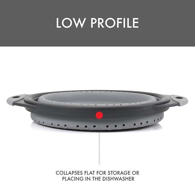Dexas 8" Collapsible Silicone Colander in Cool Grey, Kitchen Strainer with Handles, 7.2 Cup Capacity | BPA-Free, Heat-Resistant, Space-Saving Kitchen Tool