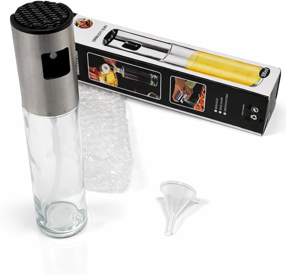 Stainless Steel Oil Spray Bottle | Refillable Kitchen Oil Dispenser with Fine Mist Spray for Olive Oil, Vinegar, Cooking Oils, Grilling, Baking, Air Fryer, and Healthy Cooking | Metallic Silver