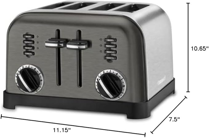 Cuisinart 4 Slice Toaster, Compact Stainless Steel Toaster with Extra-Wide Slots for Toasting Bread, French Toast, Bagels and Pastries, Defrost & Reheat Functions, CPT-180BKSP1, Black/Stainless Steel