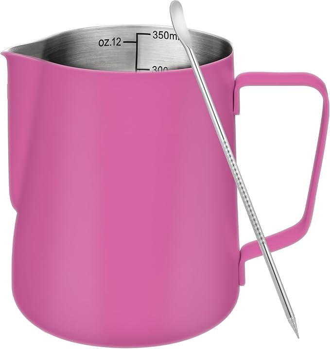 Amrules Milk Frothing Pitcher, 12 oz Milk Frother Cup with Clear Scale, 304 Stainless Steel Cappuccino Espresso Machine Accessories for Barista Coffee Bar with Latte Art Pen, Rose Red