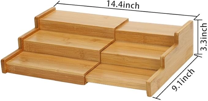 Lustiger Chef Spice Rack Organizer for Cabinet, Expandable Natural Bamboo Desk Shelf, 3-Tier Adjustable Spice Rack, Storage and Seasoning Shelf Organizer for Kitchen Countertop Pantry Tabel