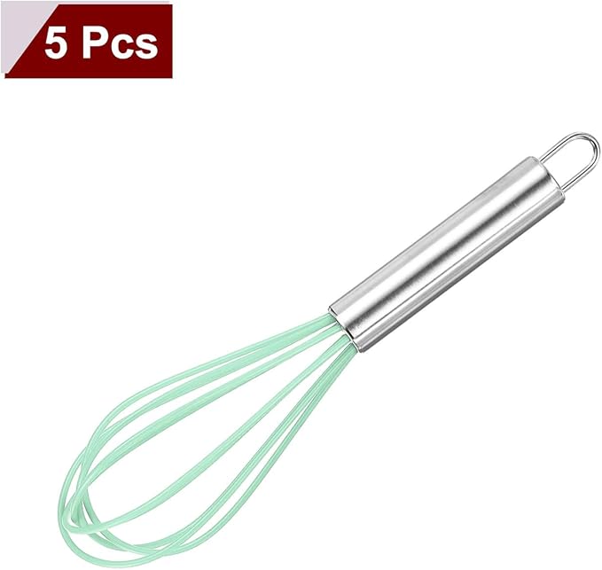 HARFINGTON 5Pcs Silicone Whisk 8" Kitchen Whisk Wire Whisks Beater with Stainless Steel Handle for Egg Milk Whisking Blending Beating & Stirring, Green
