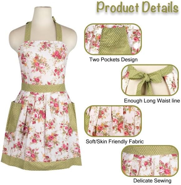 NEOVIVA Kitchen Aprons for Women with Pockets,Cooking Aprons for Women,Vintage Apron for Baking Gardening,Gifts for Mothers