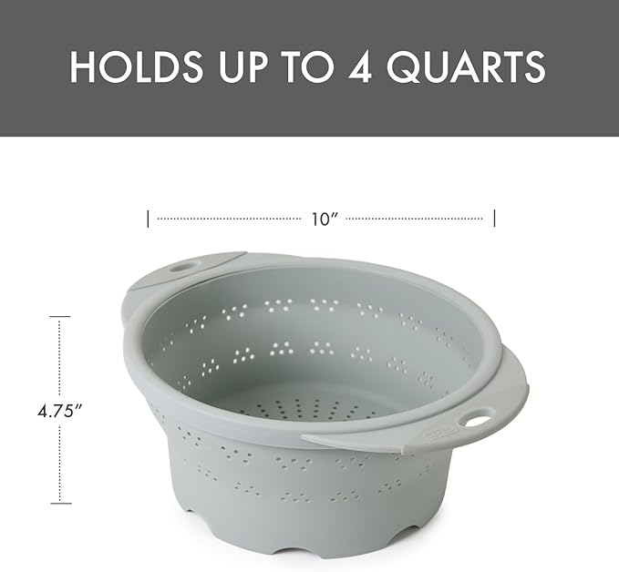 Dexas 10" Collapsible Silicone Colander in Sage, Kitchen Strainer with Handles, 15.1 Cup Capacity | BPA-Free, Heat-Resistant, Space-Saving Kitchen Tool