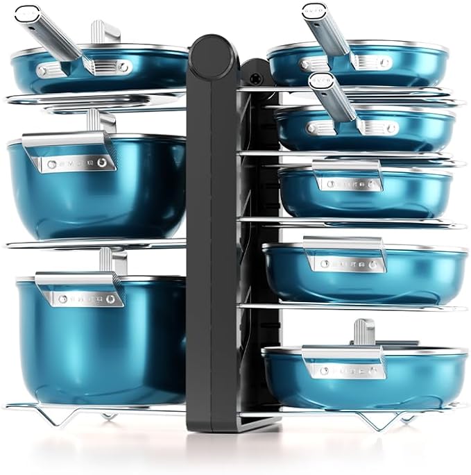 Pots and Pans Organizer under Cabinet,15.35" Height 8 Tier Pot Organizers Rack,Heavy-Duty Pot & Pan Organizer,Adjustable Pan Organizer under Cabinet Kitchen Organization and Storage,Black