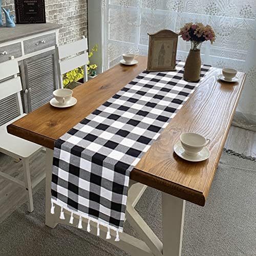 DUOBAO Black and White Checkered Table Runner 90 inches Long Halloween Tablecloth Runners Buffalo Plaid Fabric with Tassels Gingham for Table Outdoor Indoor Wedding Birthday Party (14x90-Inch)