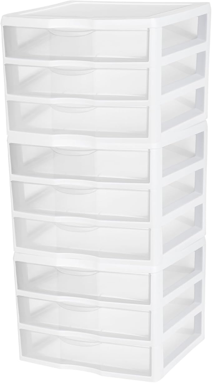 Sterilite 3-Pack Wide 3 Drawer Unit, Plastic Desktop Organizer with Clear Drawers, White Frame - Stackable Multi-Purpose Storage for Office Supplies, Craft Rooms, Classrooms and Home Organization
