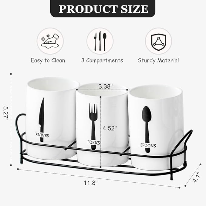 3-Piece White Ceramic Silverware Cutlery Holder with Black Metal Rack, Utensil Holder Flatware Caddy Cutlery Storage Organizer for Kitchen and Countertop (White)