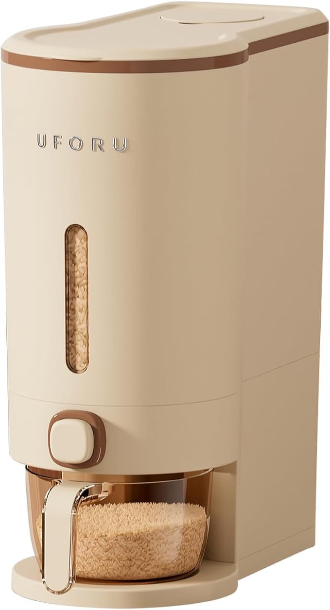 Rice Dispenser, Rice Storage Container with Measuring Cup for Kitchen Pantry Household, Cereal Dry Food Storage Containers Airtight, Sealed Moisture Proof (Brown 22 Lbs)