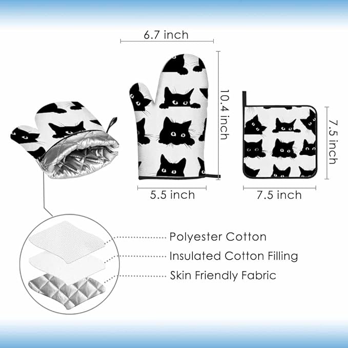 Black Cats Oven Mitts and Pot Holders Sets Bright Eyes Lovely Action Collection Heat Resistant 3pcs for Cooking Baking BBQ