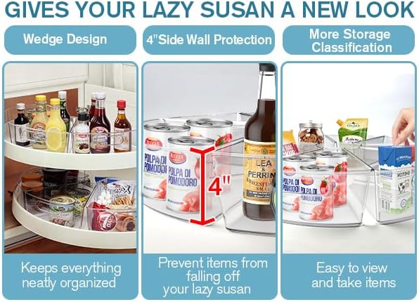 Lazy Susan Organizer for 26"- 28" Diameter Clear Corner Cabinet Storage Bins, Plastic Kitchen Corner Organizer with Handle 1/8 Wedge, Food Safe BPA Free (8 Pack)