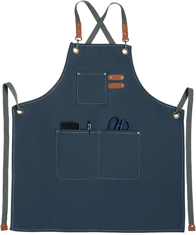 Chef Apron for Women Men with Pockets, Cotton Canvas Cross Back Adjustable Gardening Apron