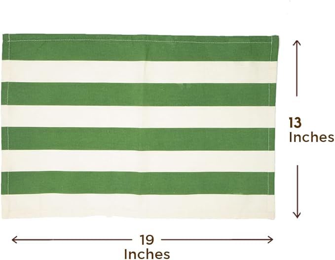 Folkulture Placemats Set of 4 (13 x 18) | 100% Cotton, Heat Resistant, Machine Washable Striped Place Mats | Green & White Rectangular Cloth Table Placemats for Dinner, House Warming Gifts New Home