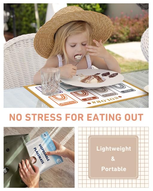 Babebay Disposable Placemats for Baby, 60 Pack Sticky Toddler Placemat for Restaurants, Dining Table, Party, Travel, 12" x 18" with 4 Designs