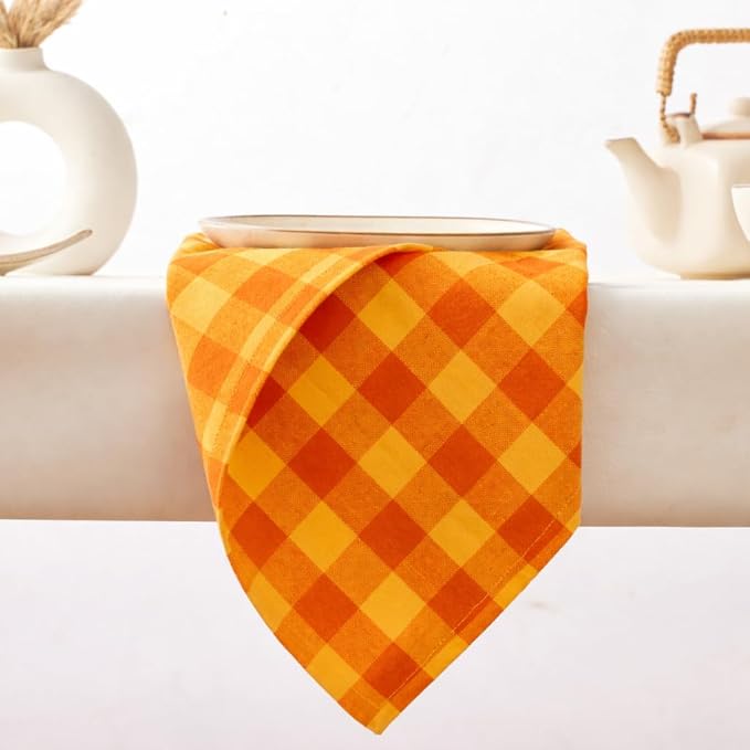 Cloth Napkins Set of 12, 100% Cotton Dinner Napkins 18x18 Inch, Soft Absorbent Gingham Check Napkin for Restaurant, Table Décor, Reusable Washable for Everyday Use - Orange/Golden Yellow