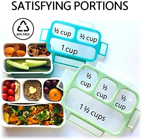 kinsho Leakproof Bento-Box Lunch-Boxes for Women, Kids. Large Green 4 Compartments and Mini Blue 3 Compartment Containers for Lunches Snacks School Travel, 2 pack set
