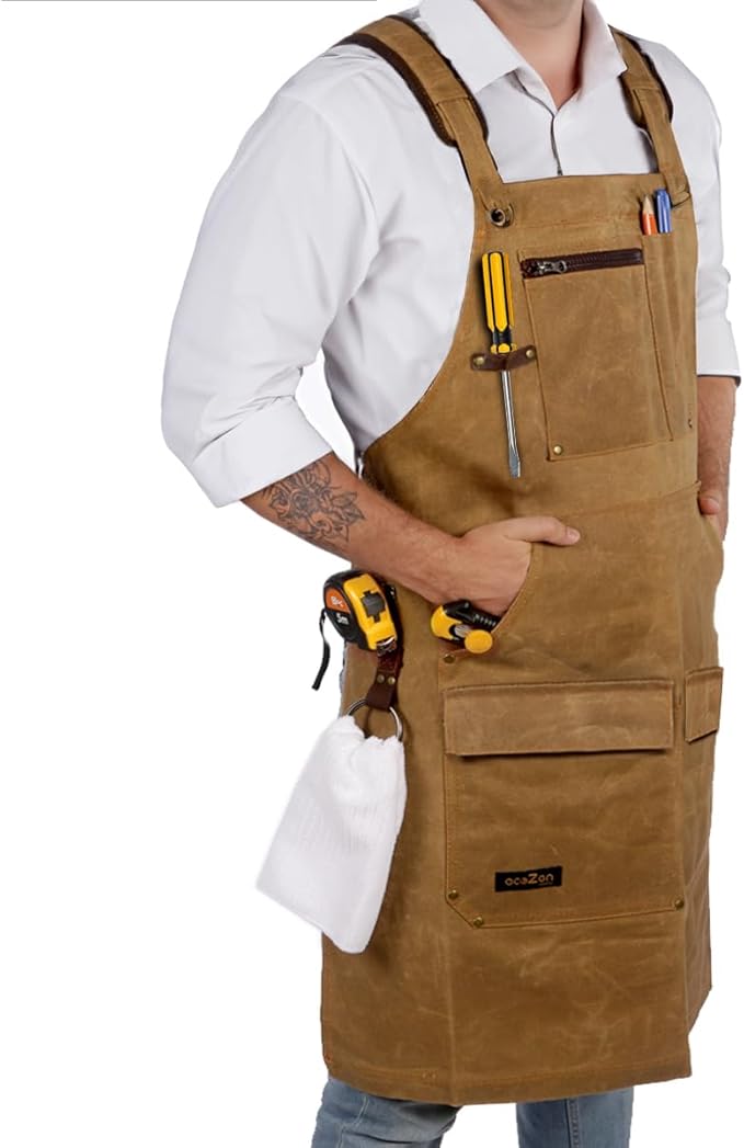 ecoZen Lifestyle Woodworking Apron for Men - Heavy Duty Waxed Canvas Carpenter Apron - For Workshop, Fully Adjustable S-XXXL