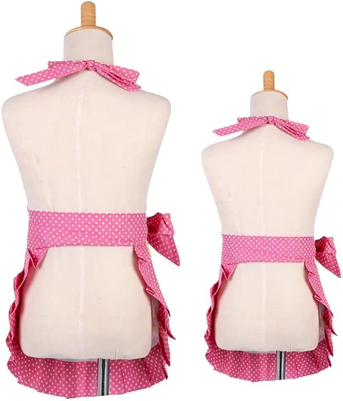 G2PLUS Apron for Women with Pockets, Extra Long Ties Cotton Apron Perfect for Kitchen Cooking, Baking and Gardening (Mama and Me Set)