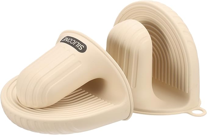 uxcell 2 Pcs Silicone Oven Mitts, Heat Resistant Mini Oven Gloves Silicone Pot Holders Mini Finger Protector Cooking Pinch Grips for Air Fryer Kitchen Cooking & Baking, Beige