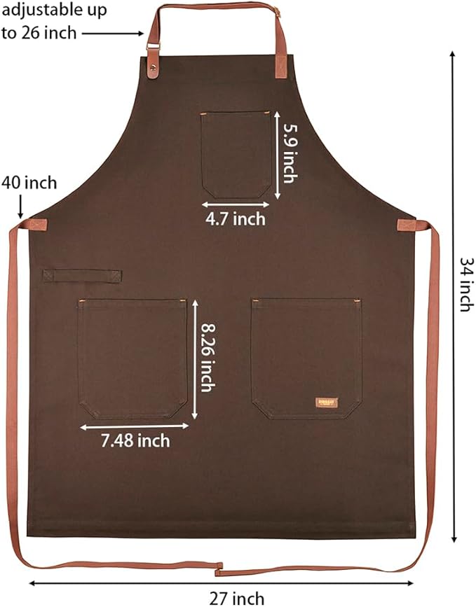 Chef Apron with Pockets, Professional Kitchen Cooking Grill BBQ Baking Apron for Men Women, Bib with Towel Loop and Adjustable Neck Strap (Brown)
