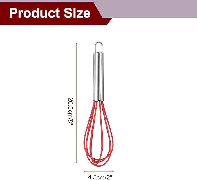 HARFINGTON 5Pcs Silicone Whisk 8" Kitchen Whisk Wire Whisks Beater with Stainless Steel Handle for Egg Milk Whisking Blending Beating & Stirring, Red