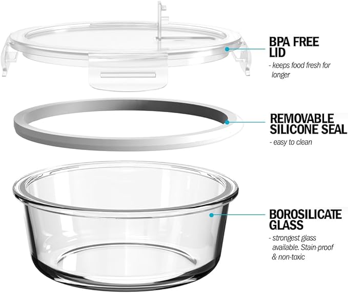 Igluu Meal Prep Round Glass Containers with Air Vent Lids (5 Pack+Extra Lid) – Airtight & BPA-Free – Oven, Microwave, Freezer and Dishwasher Safe – 32oz – Durable Borosilicate Glass