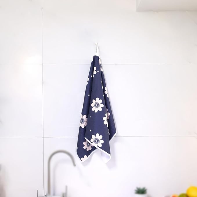 18” x 30” Highly Absorbent Kitchen Towels, Quick Dry Microfiber Tea Towel, Dish Towels for Kitchen Drying, Ultra Soft Premium Hand Towels (Dark Blue Flowers)