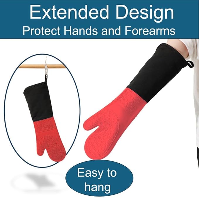 Extra Long Professional Silicone Oven Mitts with Quilted Liner, Durable Heat Resistant Oven Gloves, Heat Resistant Oven Gloves,2pcs (Red, 19.7inch)