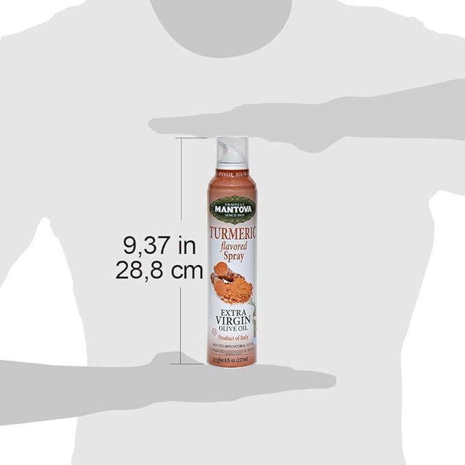 Mantova Turmeric Flavored Extra Virgin Olive Oil Spray, heart-healthy cooking spray perfect for salads, pasta sauces, 100% natural cooking oil made in Italy, olive oil dispenser bottle sprays, drips, or streams with no waste, 8 oz