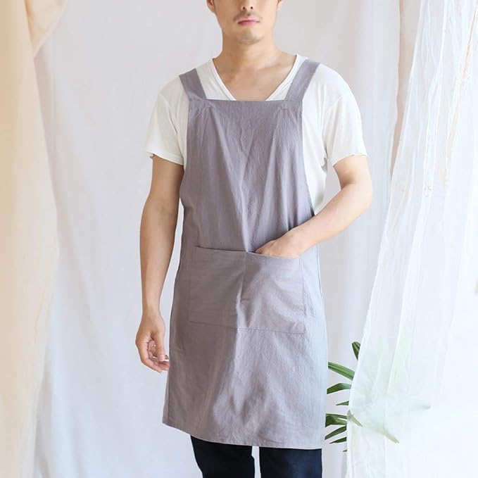NEWGEM Japanese Cotton Linen Cross Back Cooking Apron for Women Men with Pockets Cute for Baking Kitchen