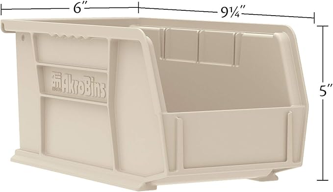 Akro-Mils 30237 AkroBins Plastic Storage Bins, Space-Saving Stackable Bins for Garage, Pantry, Craft Organization, 9" x 6" x 5", Stone, 12-Pack