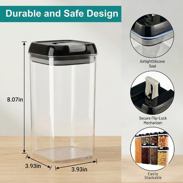 OMIO Airtight Kitchen Storage Containers (6-Pack) - Easy-Grip Pull Tab Lids, BPA-Free Plastic Canisters for Pantry, Countertop, Fridge – Organize Cereal, Grains, Flour, Sugar, Snacks & Candy