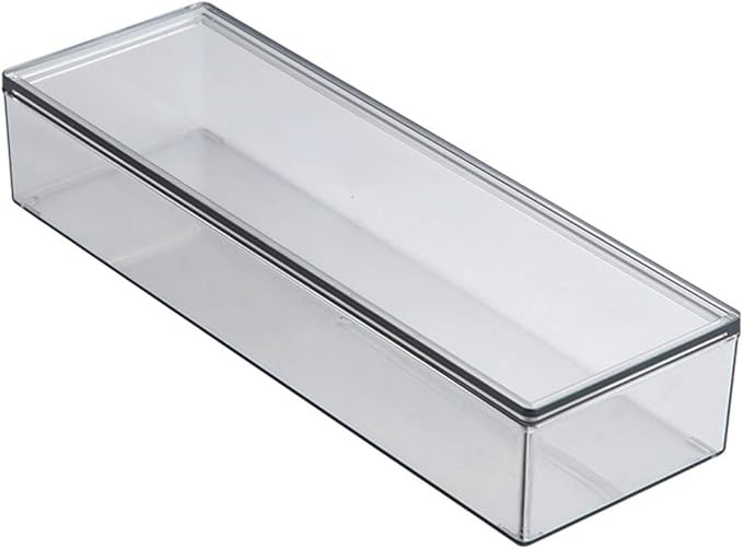 Transparent Flatware Tray Kitchen Drawer Organizer With Lid - Plastic Kitchen Cutlery Tray and Utensil Silverware Storage Container with Cover - Dinnerware Holder for Spoons Forks Knives