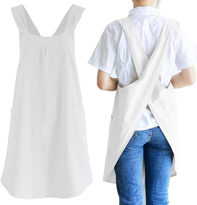 NEWGEM Japanese Cotton Linen Cross Back Cooking Apron for Women Men with Pockets Cute for Baking Kitchen